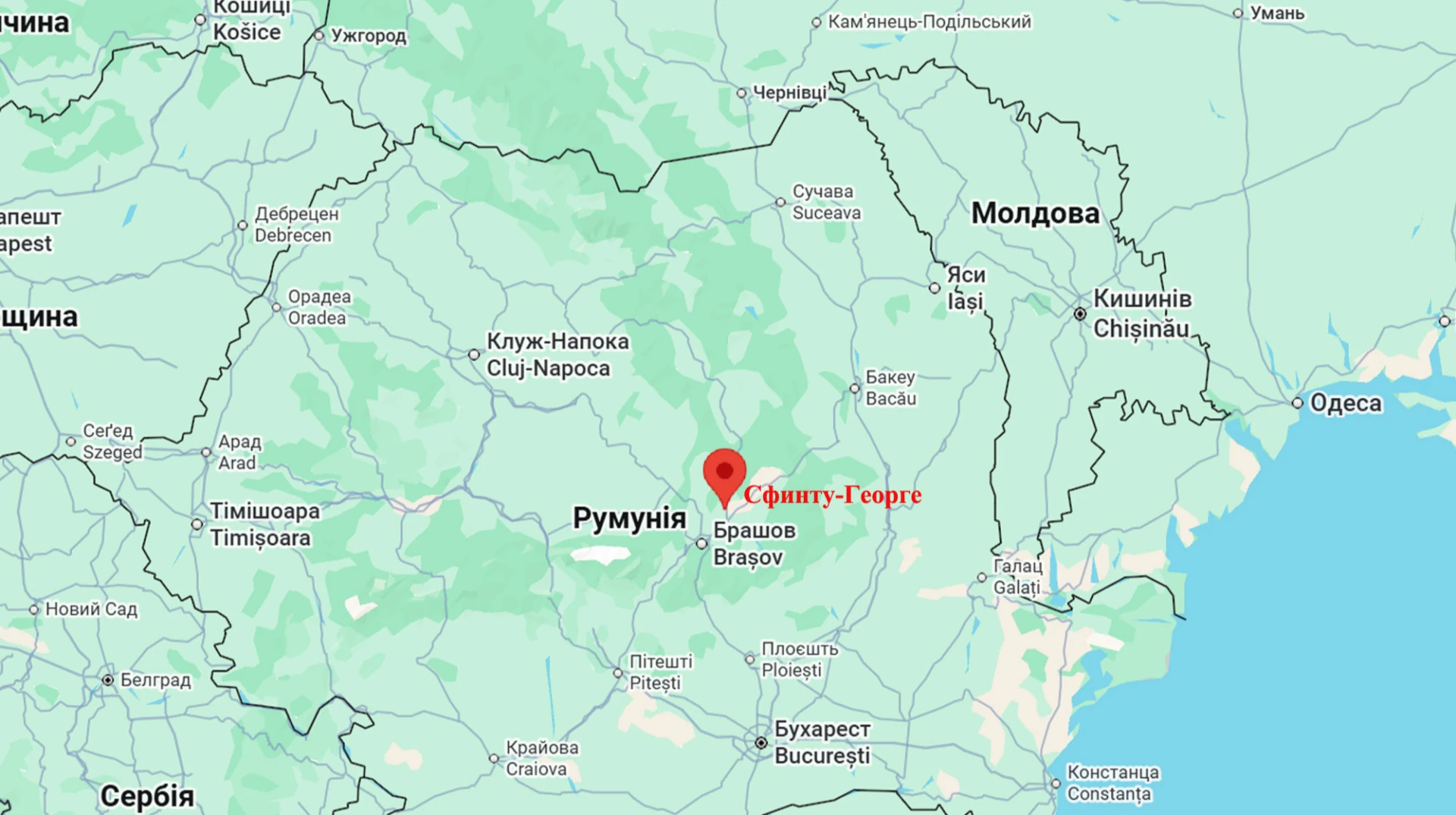 Розташування міста Сфинту-Георге в дельті Дунаю на мапі